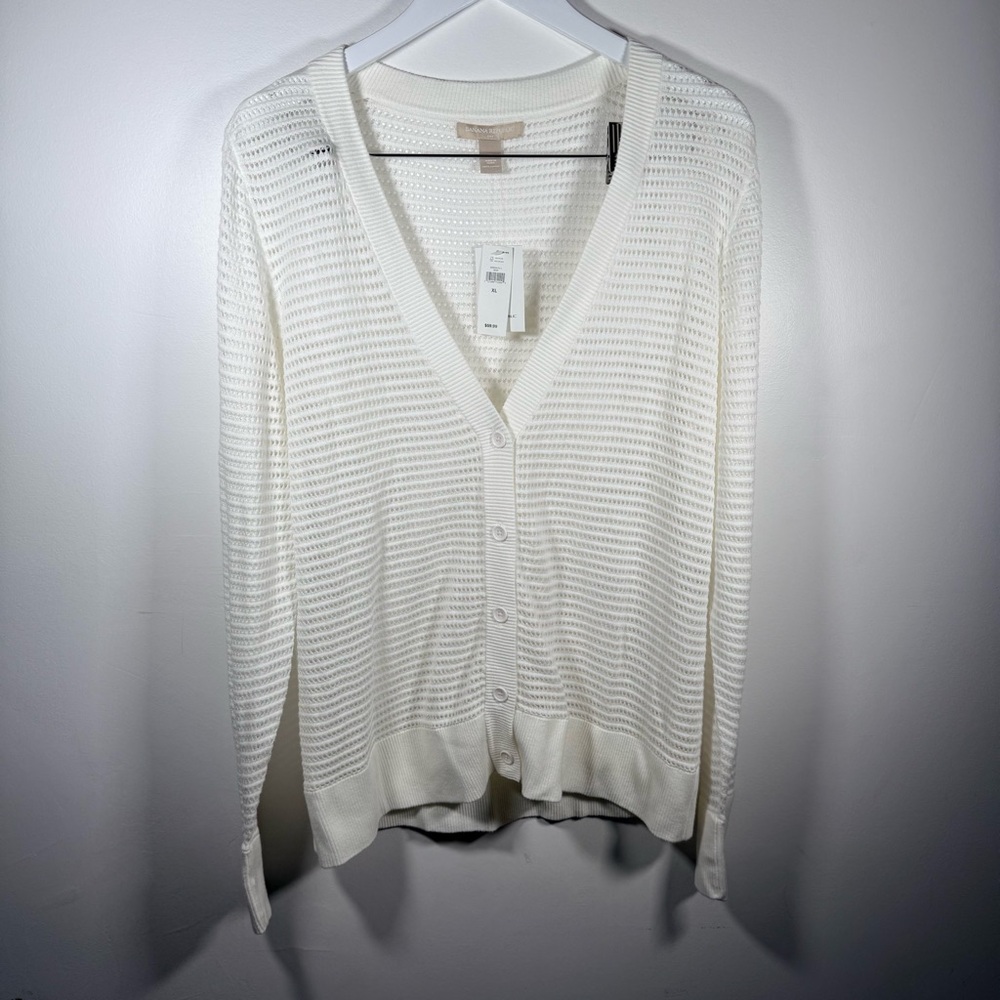 NWT Banana Republic Women’s XL White Cotton Open Knit Button Cardigan Sweater